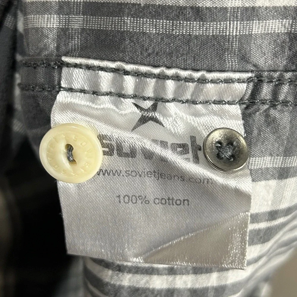 Soviet Men's XL‎ Plaid Button Up Shirt Long Sleeve Gray Western Pockets Pearl